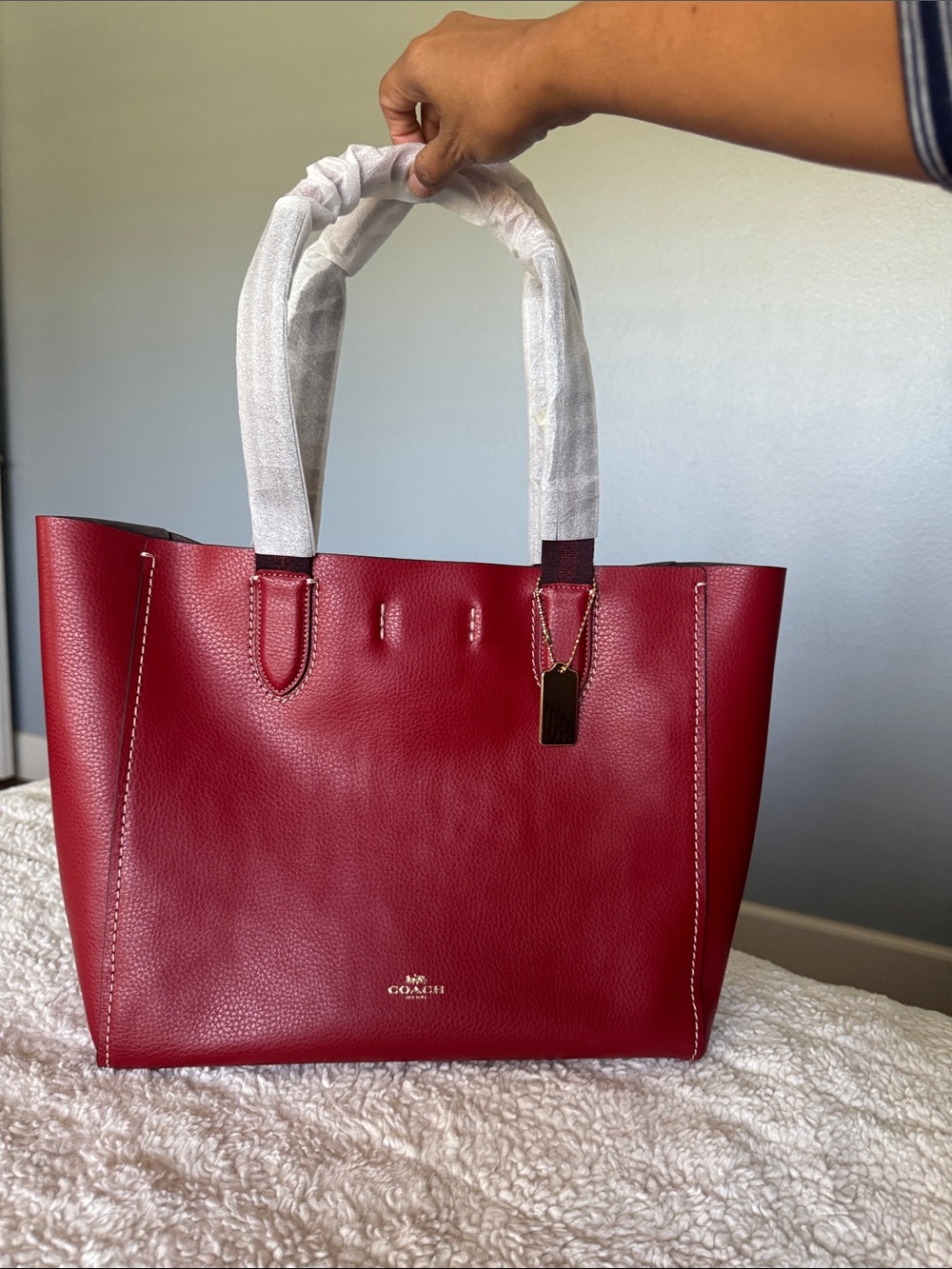 Coach Red Leather Tote with Gold Accent